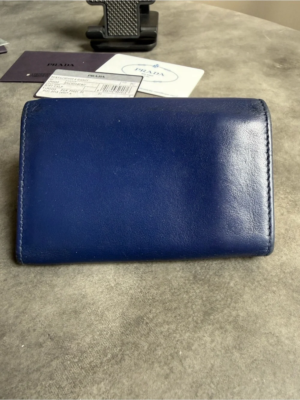 Prada Soft Calf Leather Key Holder Wallet in Blue with Gold Hardware